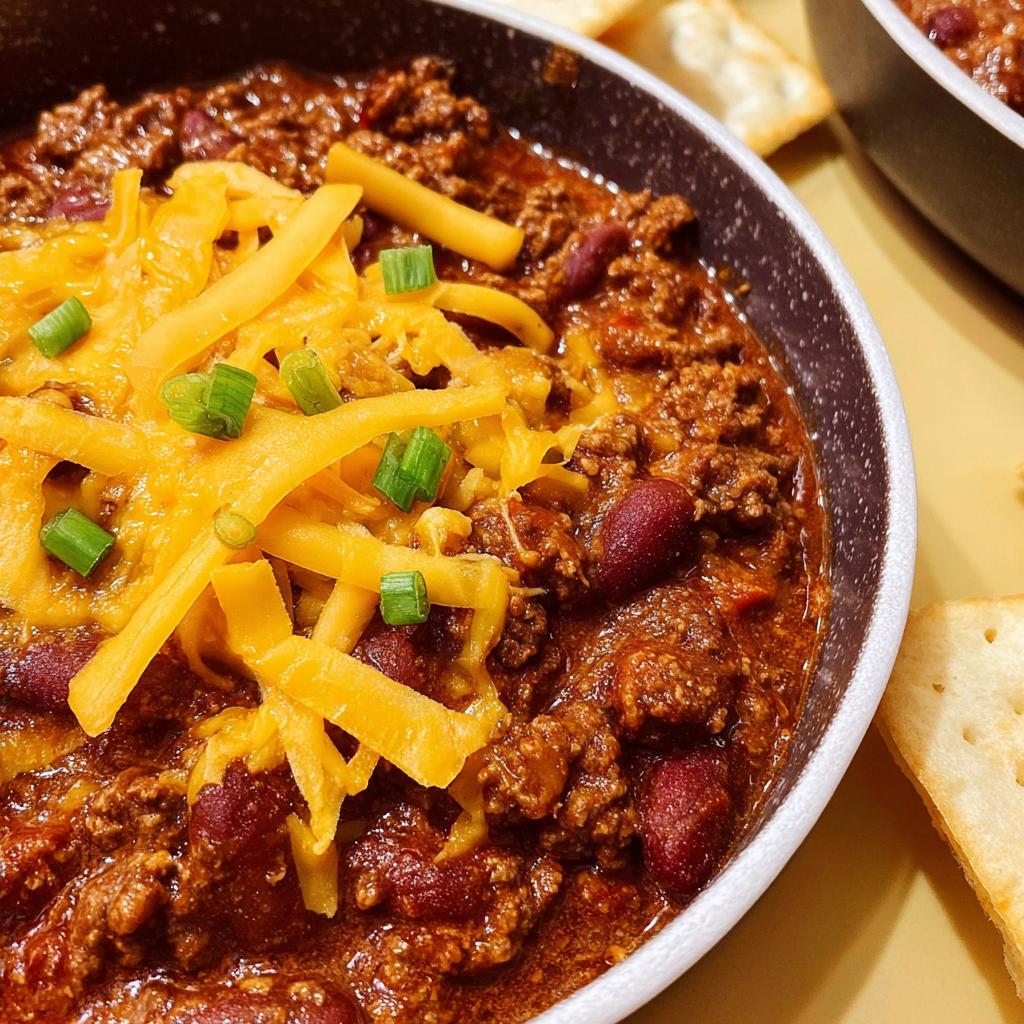 A hearty bowl of classic ground beef chili topped with shredded cheddar cheese and chopped green onions, served with crackers.