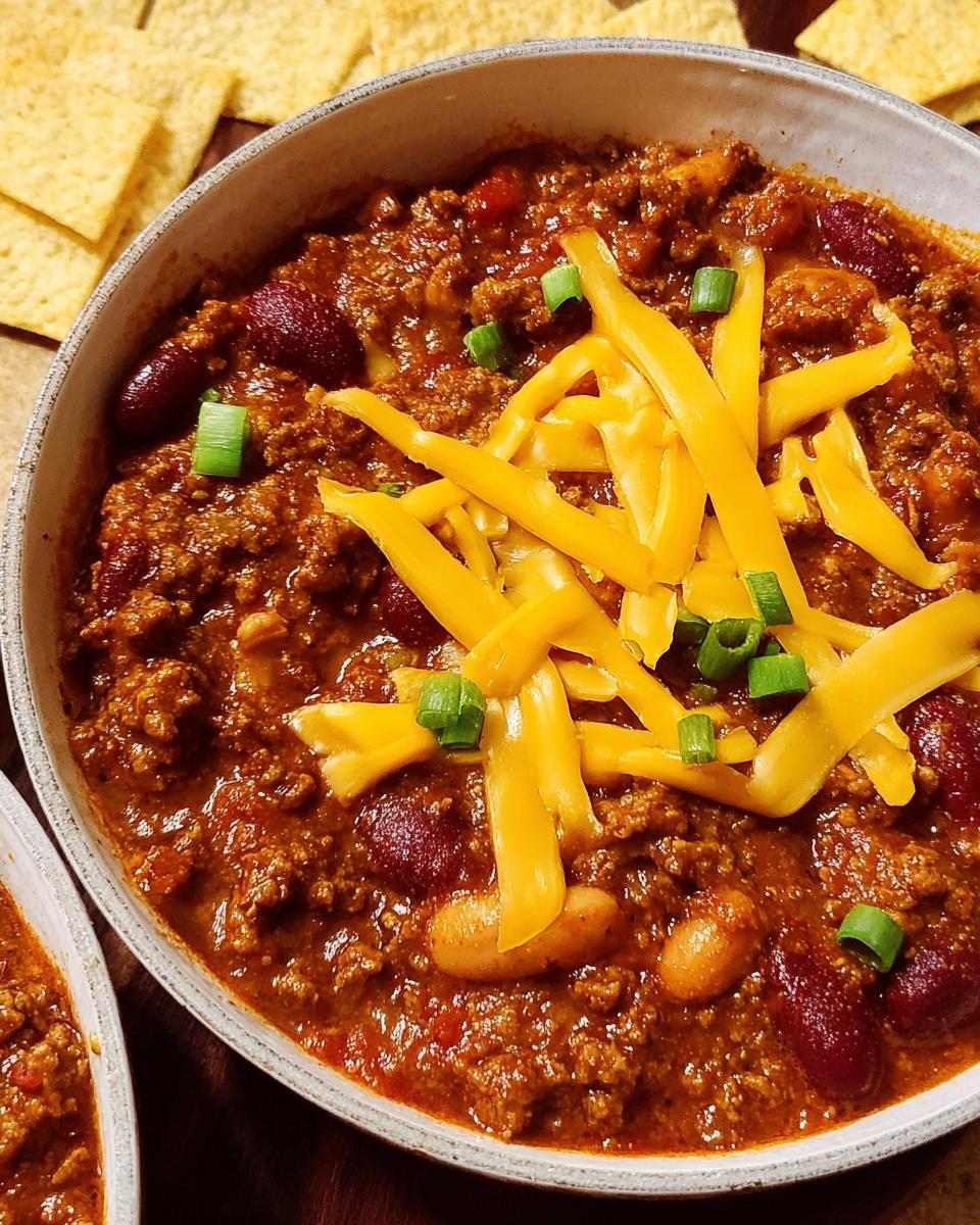A bowl of classic ground beef chili with kidney beans, topped with shredded cheddar cheese and green onions.