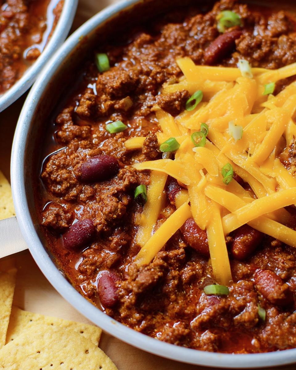 Close-up of a bowl of classic ground beef chili topped with shredded cheddar cheese and green onions.