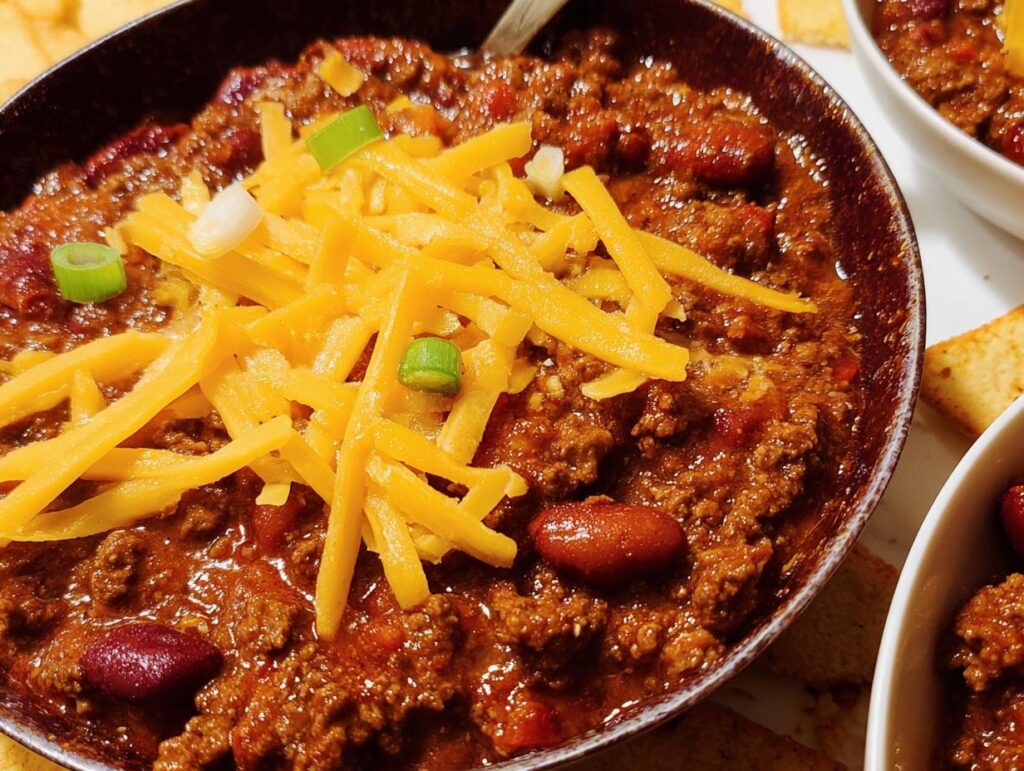 A close-up of a bowl of hearty ground beef chili, topped with shredded cheddar cheese and chopped green onions.