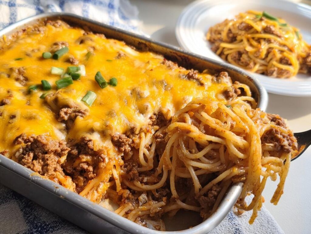 A fork lifting a portion of classic pasta recipe with ground beef and melted cheese from a baking dish.