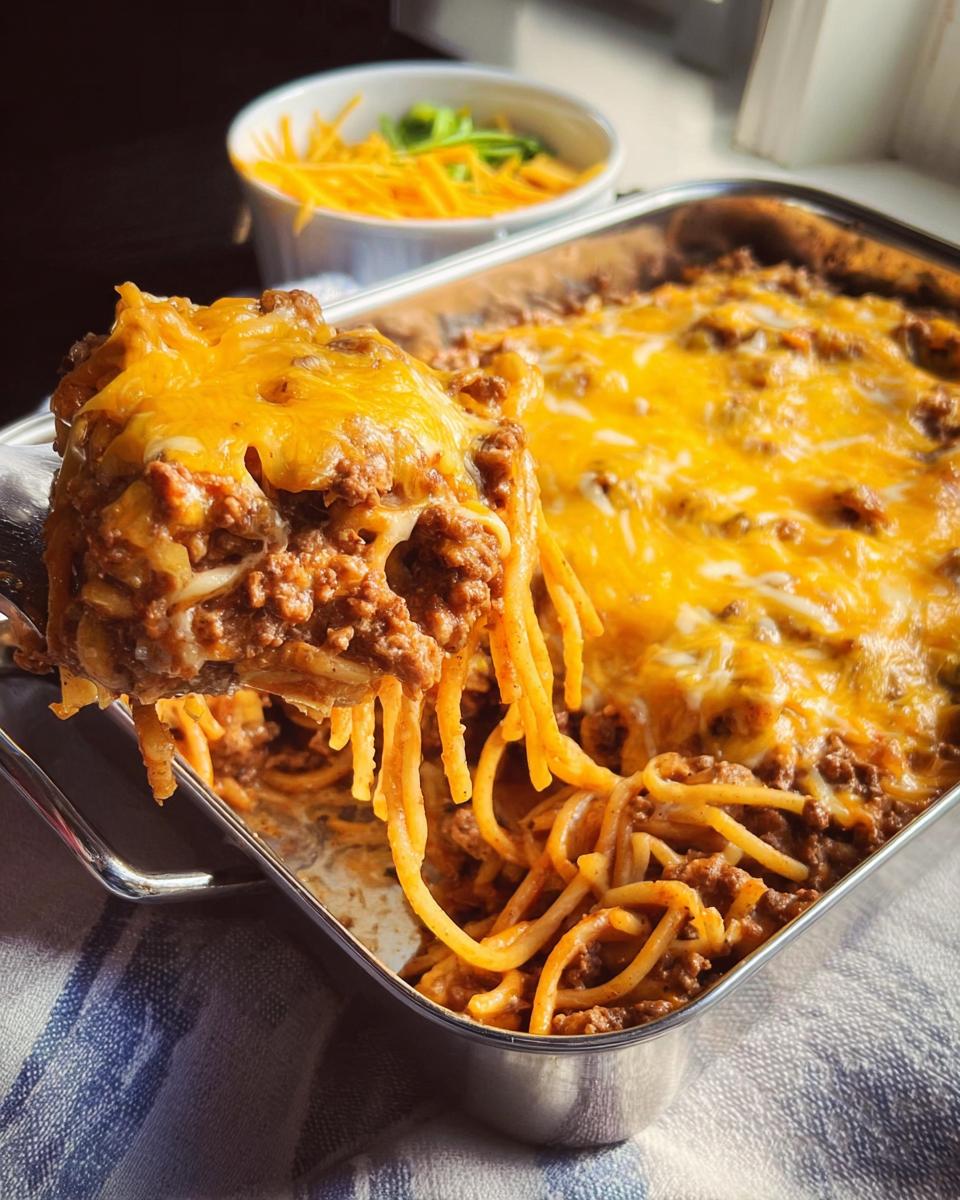 A scoop of cheesy spaghetti bake with ground beef and melted cheddar cheese, a classic pasta recipe with a twist.