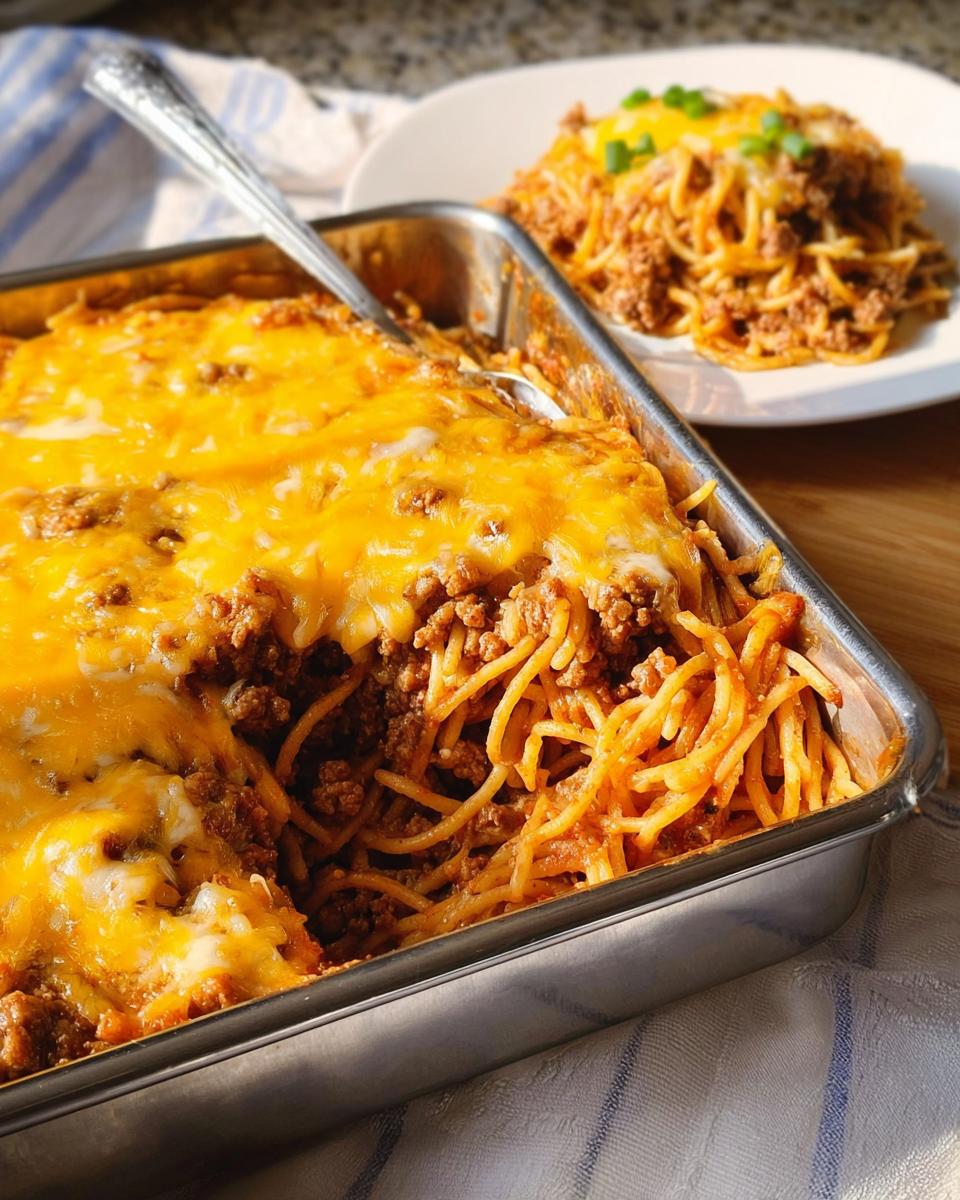 A close-up of a cheesy spaghetti bake in a baking dish, a serving on a plate in the background.