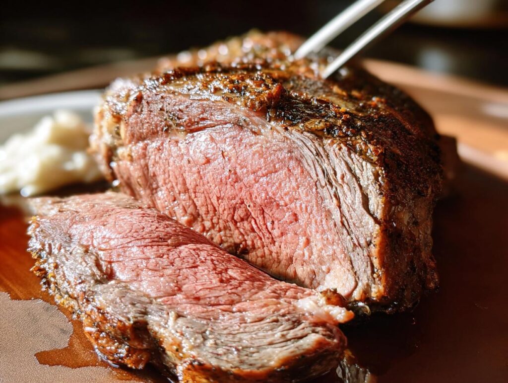 A perfectly cooked Classic Prime Rib With A Twist, sliced to reveal a juicy pink center, with a fork piercing the roast.