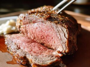 A perfectly cooked Classic Prime Rib With A Twist, sliced to reveal a juicy pink center, with a fork piercing the roast.