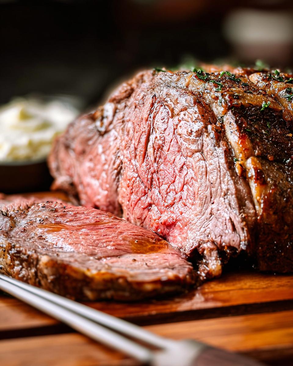 A perfectly cooked Classic Prime Rib With A Twist, sliced to reveal a juicy, pink interior, seasoned with herbs.