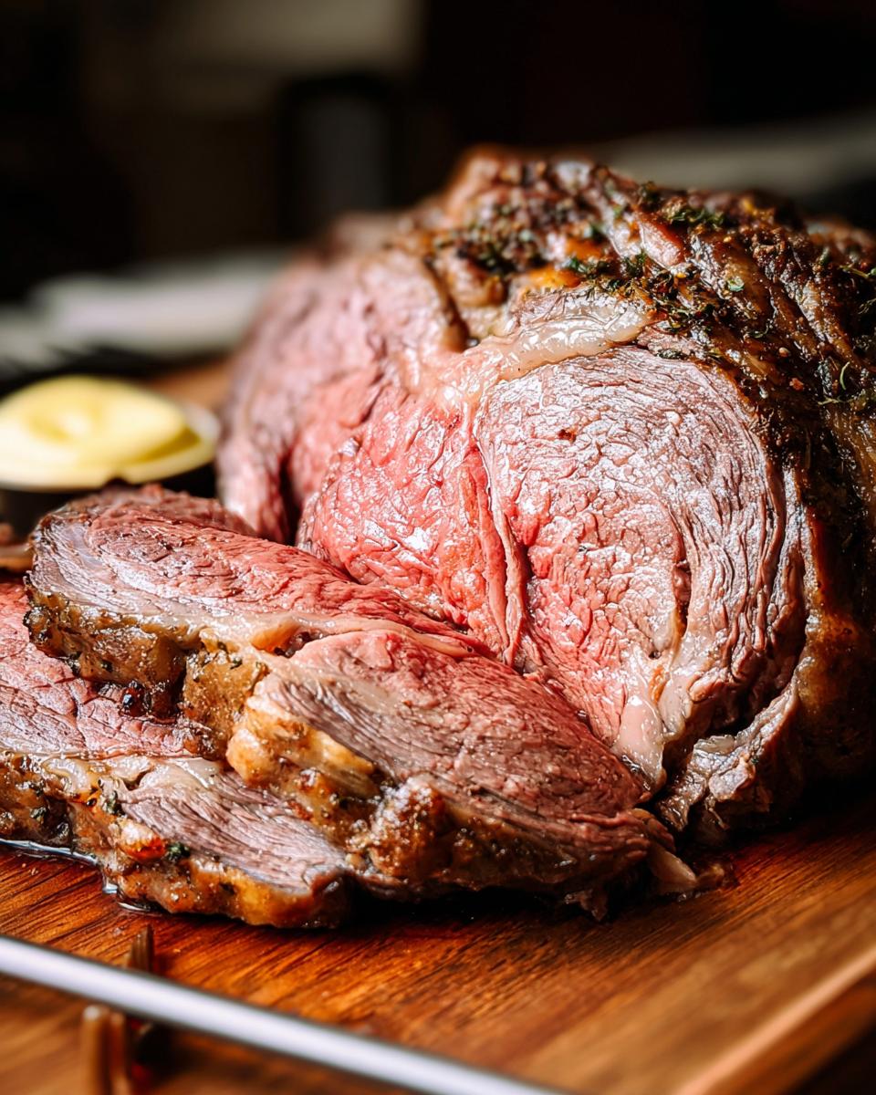 Close-up of a perfectly roasted Classic Prime Rib With A Twist, sliced and resting on a wooden board with a side of sauce.