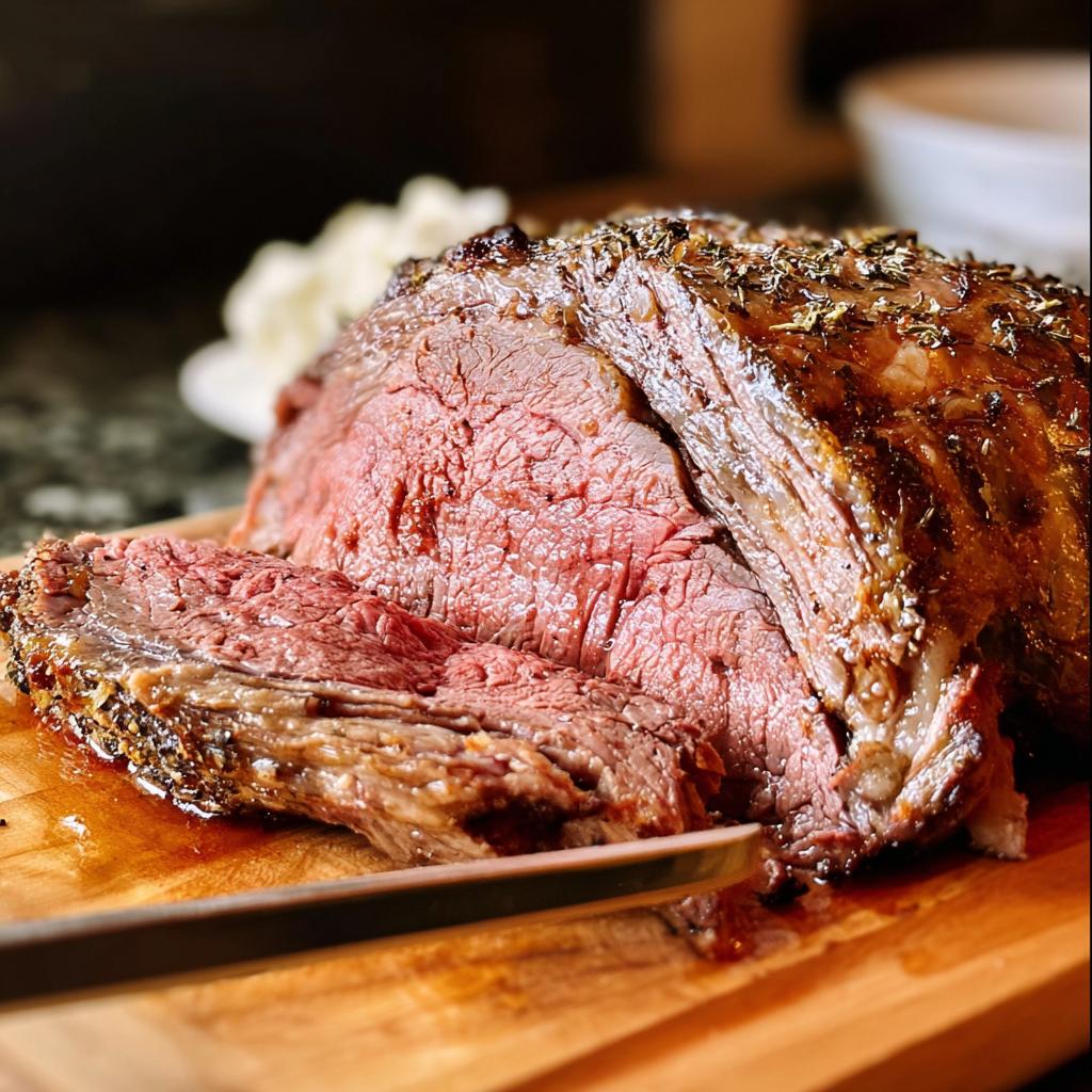 A perfectly cooked slice of Classic Prime Rib with a Twist, showcasing its juicy pink interior and herb-crusted exterior.