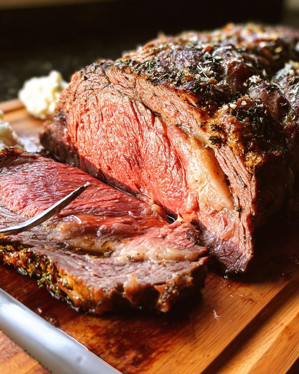 A perfectly cooked Classic Prime Rib With A Twist, sliced to reveal a tender, juicy interior and a herb-crusted exterior.