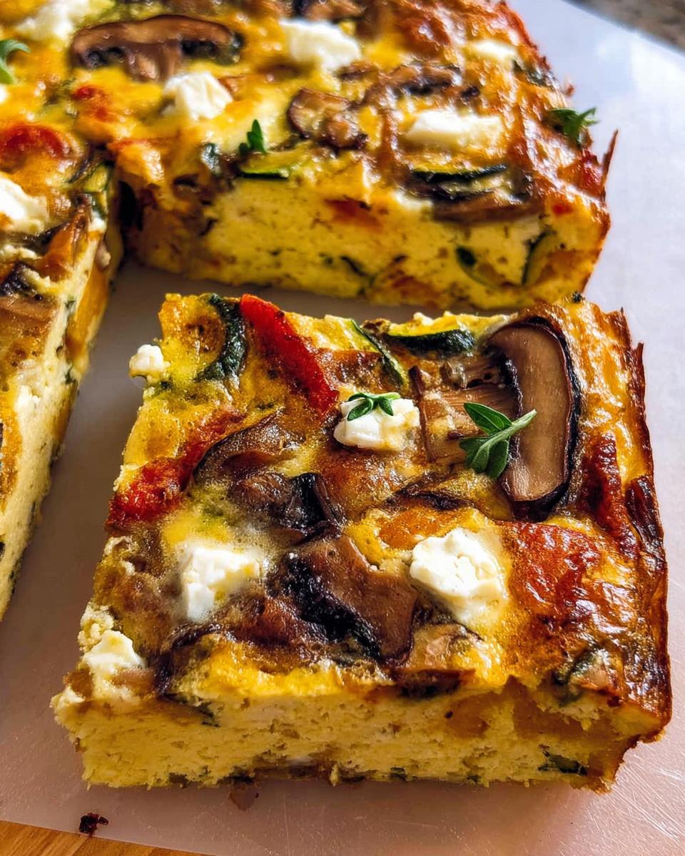 A slice of a hearty frittata, a comforting breakfast idea, filled with mushrooms, zucchini, red peppers, and feta cheese.