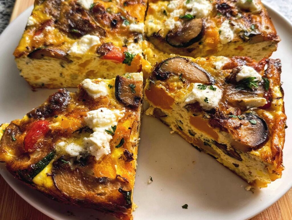 A slice of a comforting breakfast frittata with mushrooms, goat cheese, and vegetables.