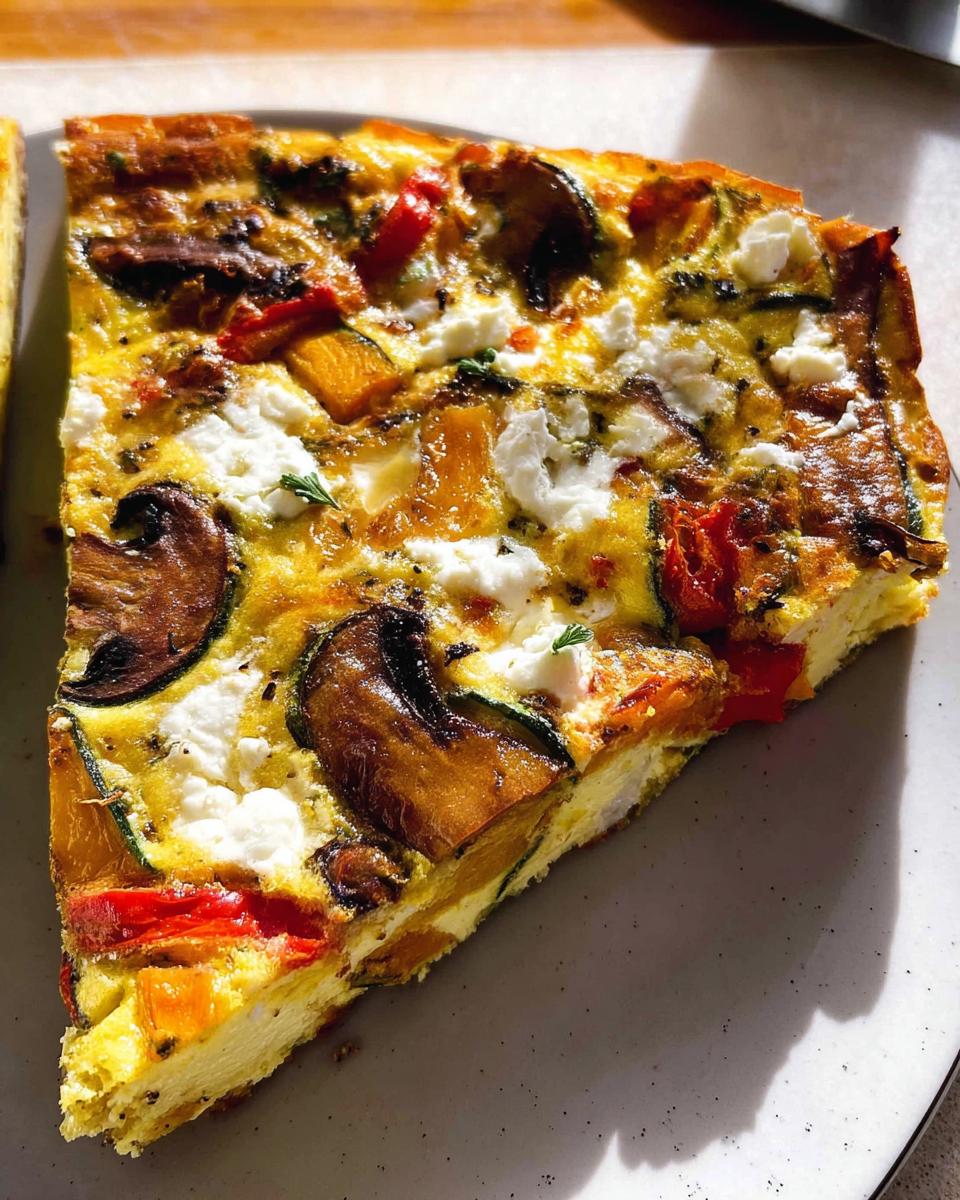A slice of a comforting breakfast frittata with mushrooms, peppers, squash, and crumbled feta cheese.