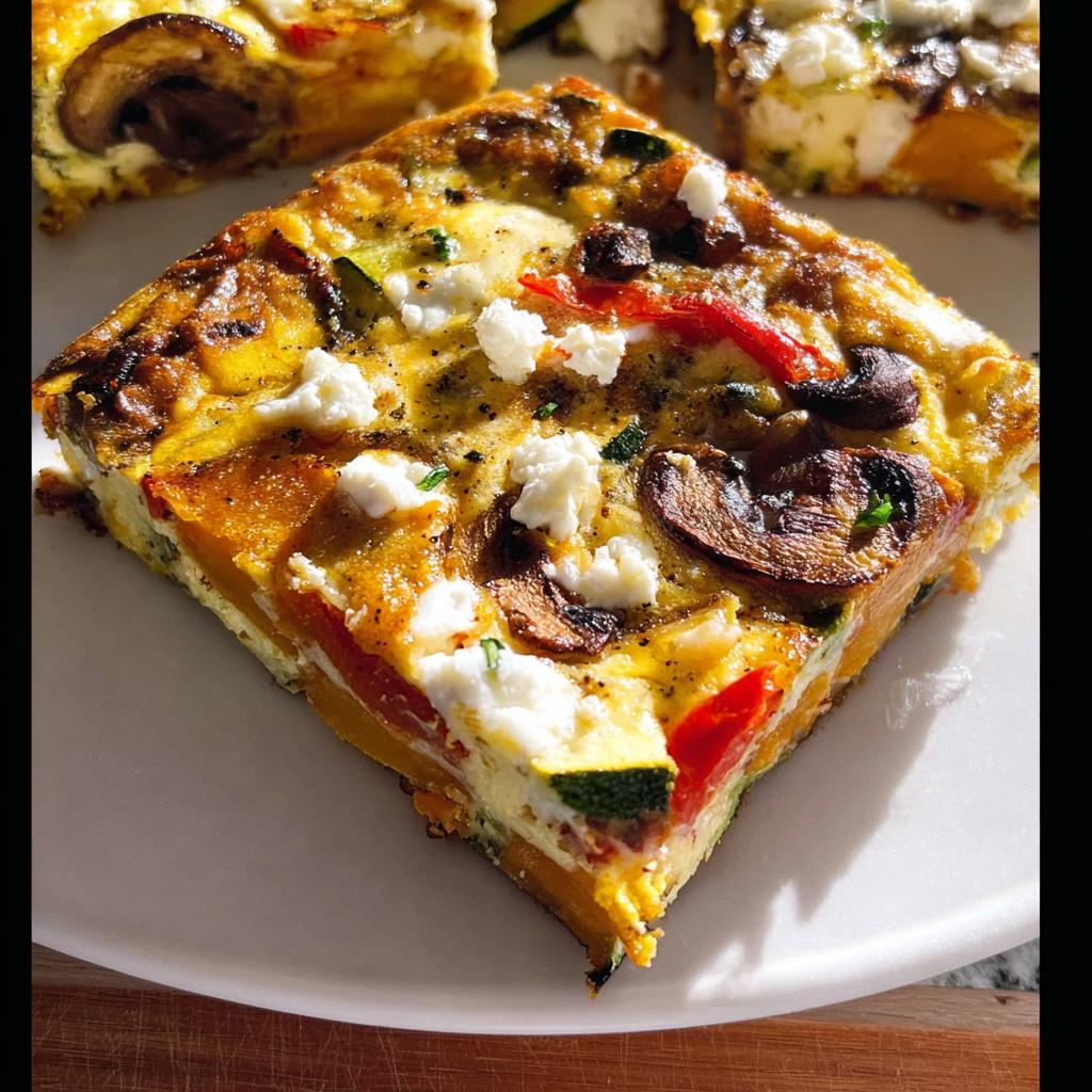 A slice of a hearty frittata, a comforting breakfast idea, filled with mushrooms, zucchini, peppers, and feta cheese.