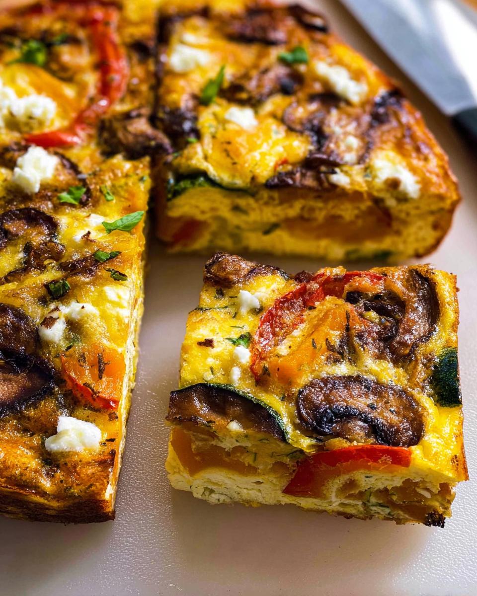 A slice of a comforting breakfast frittata loaded with mushrooms, bell peppers, zucchini, and feta cheese.