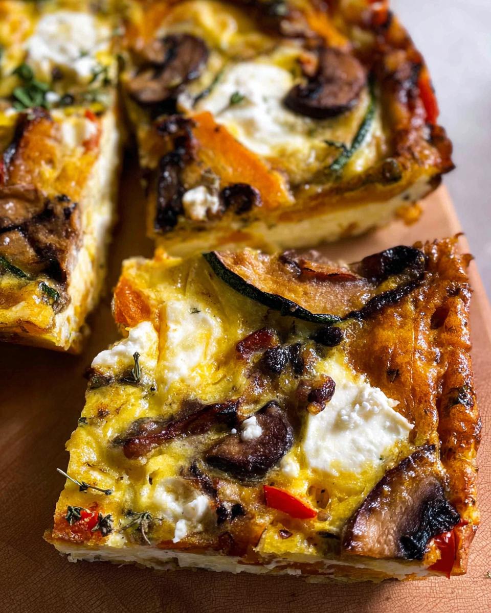 A slice of a hearty vegetable frittata, a comforting breakfast idea, with mushrooms, zucchini, peppers, and goat cheese.