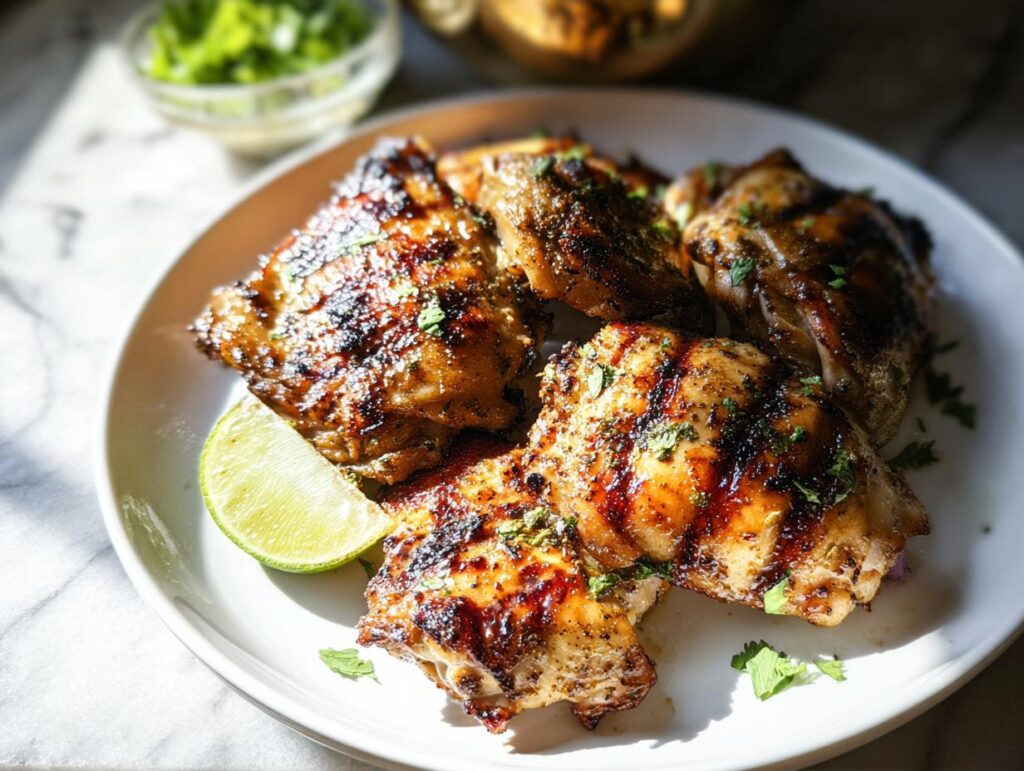 A plate of juicy, grilled Comforting Chicken thighs seasoned with herbs and served with a lime wedge.