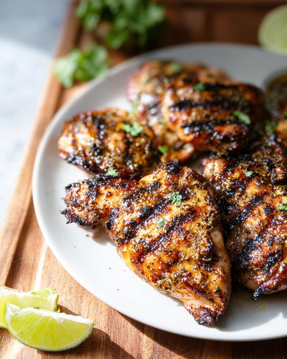 Close-up of perfectly grilled, juicy Comforting Chicken thighs with char marks, garnished with herbs and lime wedges.