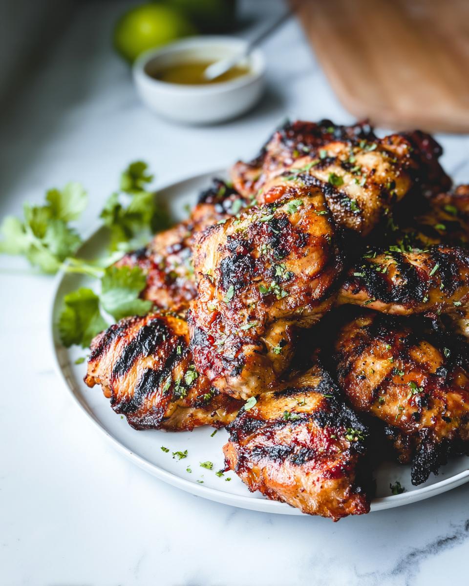 A pile of juicy, grilled Comforting Chicken thighs with char marks, sprinkled with herbs, on a white plate.