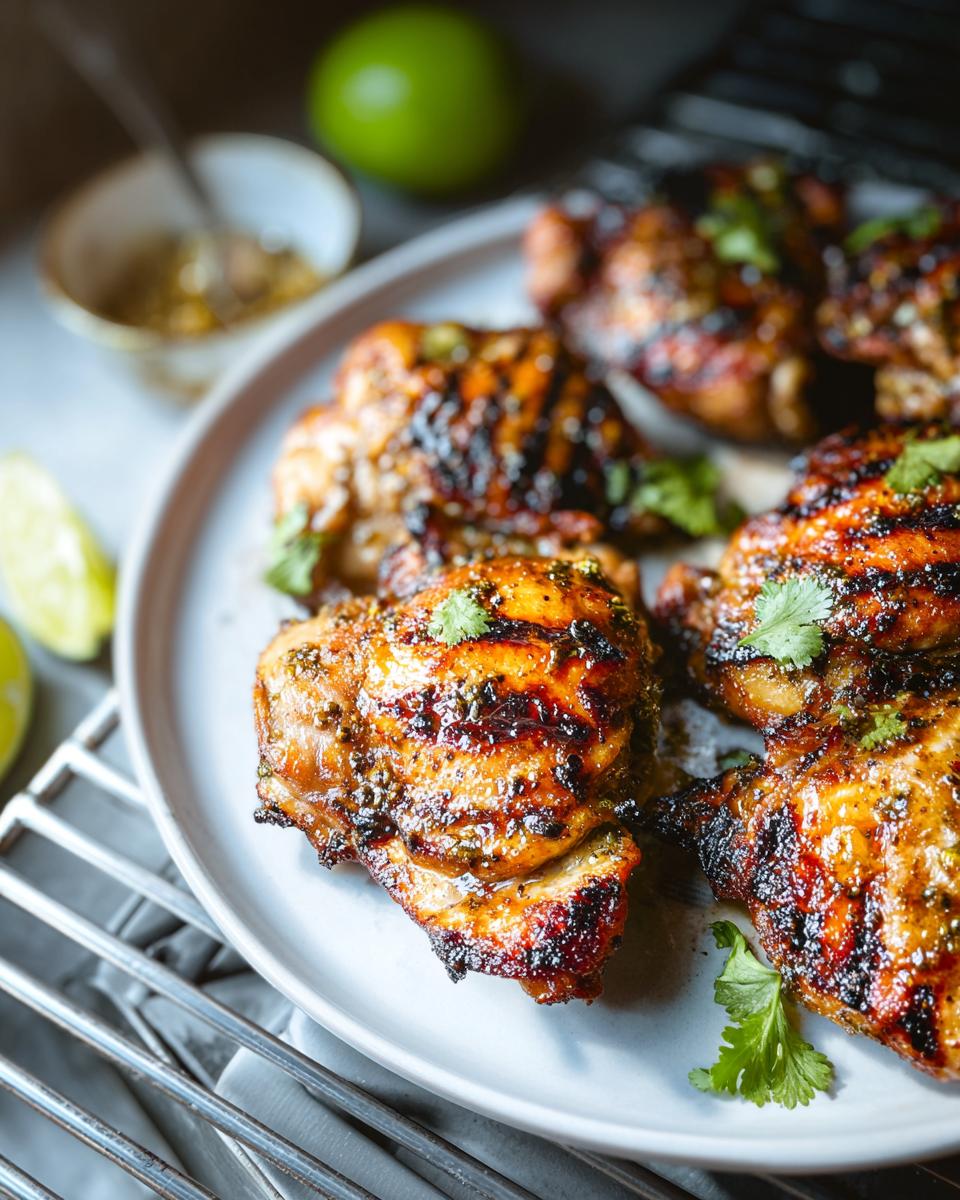 Close-up of perfectly grilled, juicy Comforting Chicken thighs with grill marks, garnished with cilantro and lime wedges.