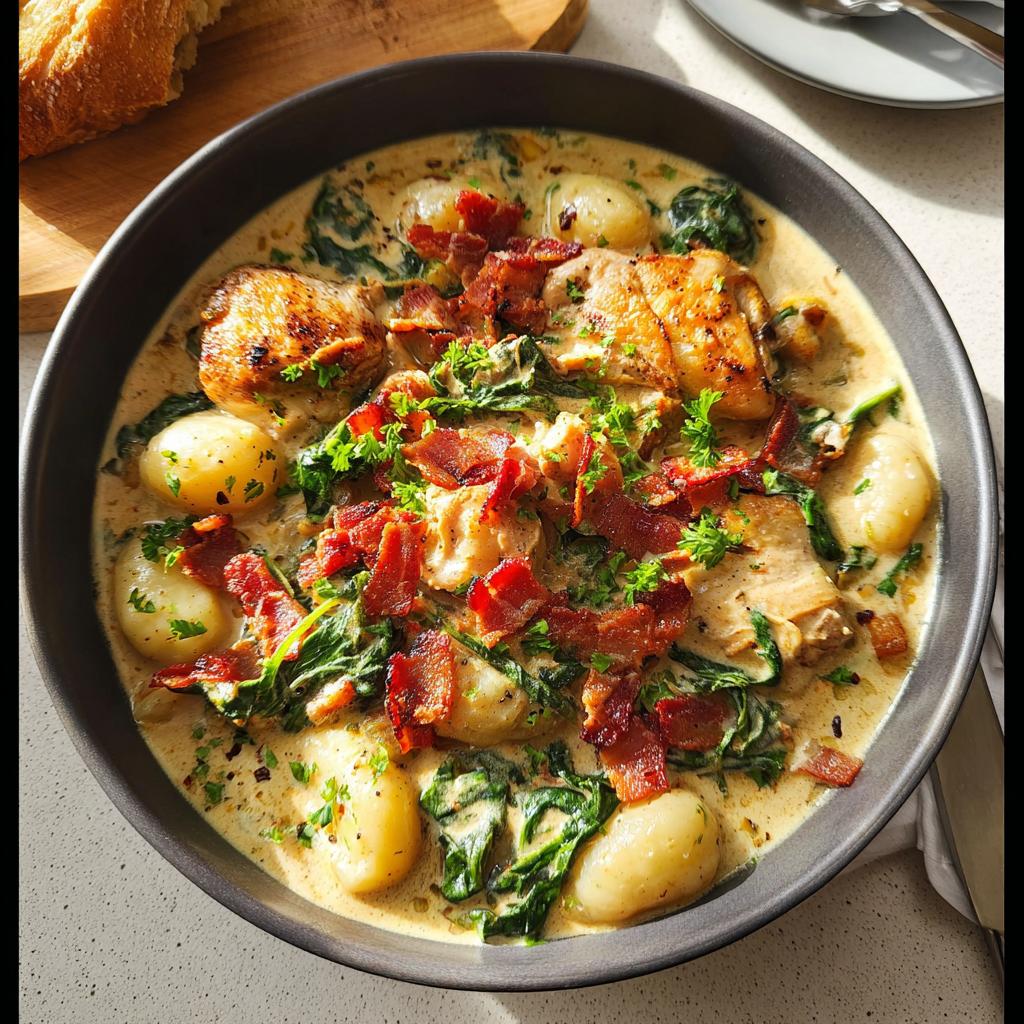 A close-up of comforting chicken thigh recipe with gnocchi, spinach, and crispy bacon in a creamy sauce.