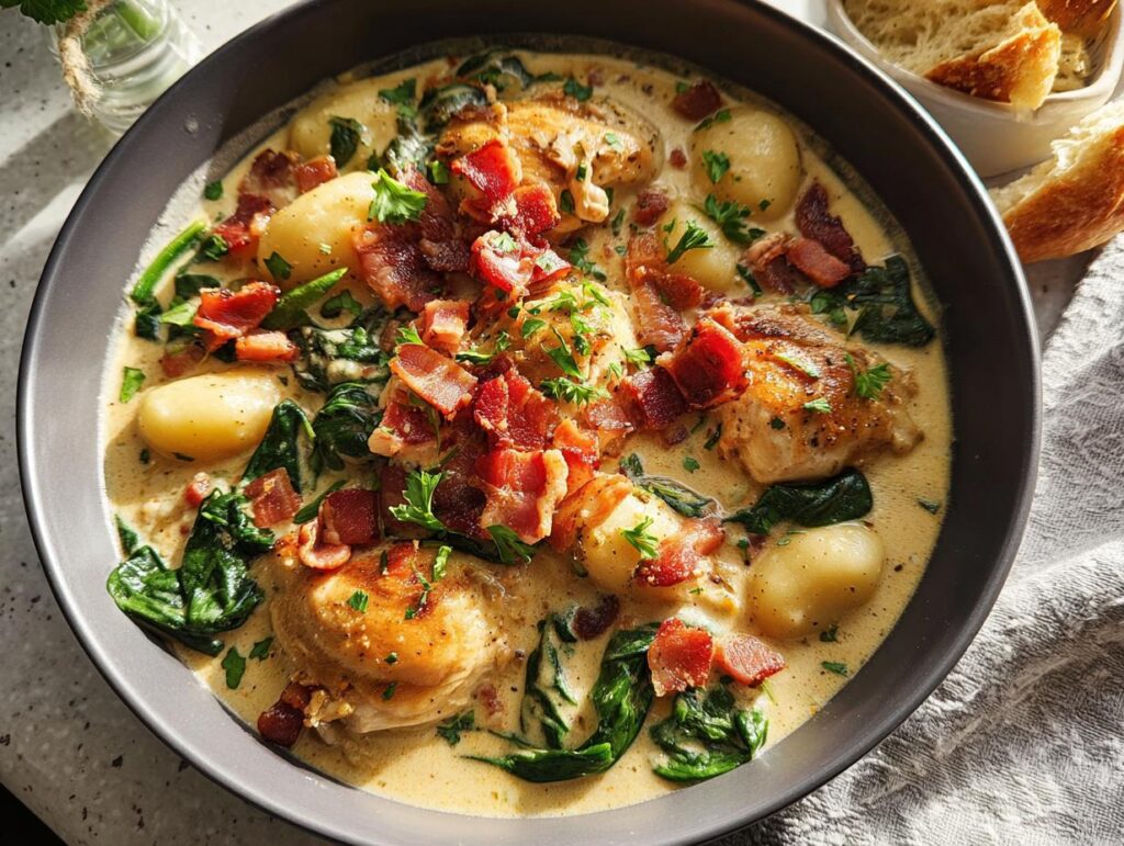 A close-up of comforting chicken thigh recipe with creamy sauce, gnocchi, spinach, and crispy bacon.