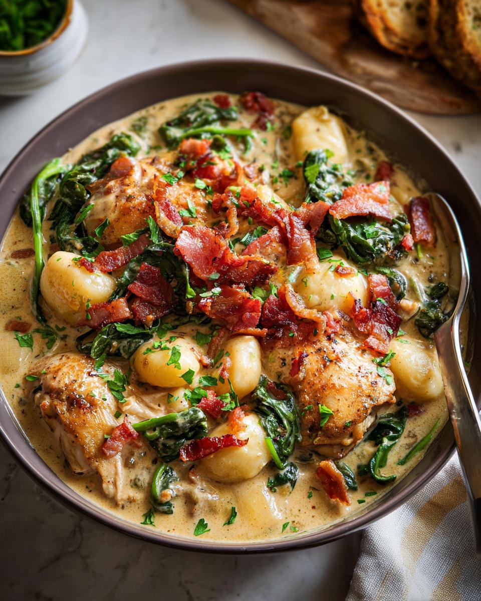 Close-up of a comforting chicken thigh recipe with creamy sauce, gnocchi, spinach, and crispy bacon.