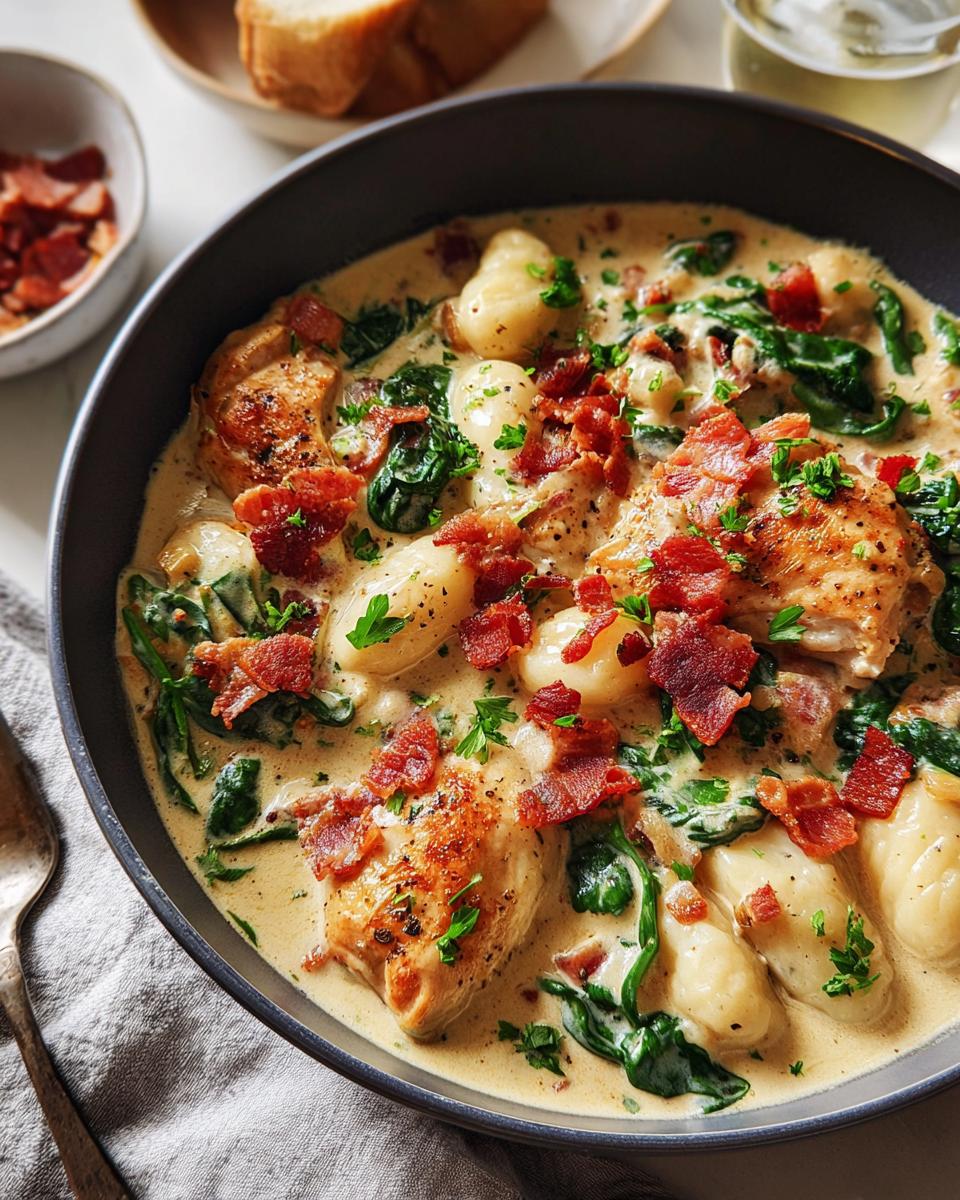 Close-up of comforting chicken thighs recipe with creamy sauce, gnocchi, spinach, and crispy bacon.