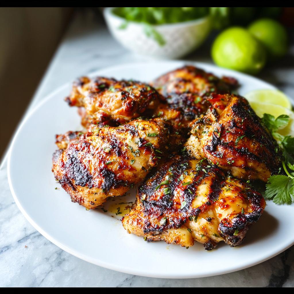 A plate of juicy, grilled Comforting Chicken thighs seasoned with herbs and served with lime wedges.