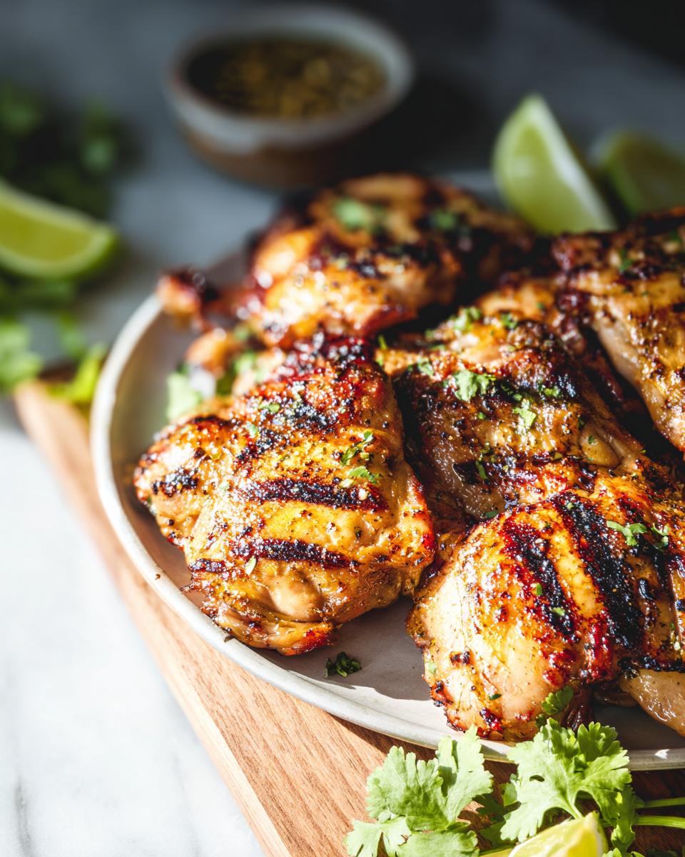 Close-up of juicy, grilled comforting chicken thighs with grill marks, garnished with cilantro and lime wedges.