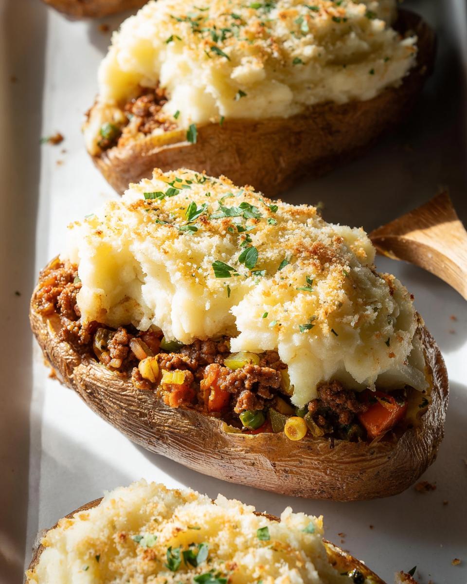 Close-up of loaded baked potatoes filled with ground meat and vegetables, topped with mashed potatoes and herbs, a comforting dinner recipe.