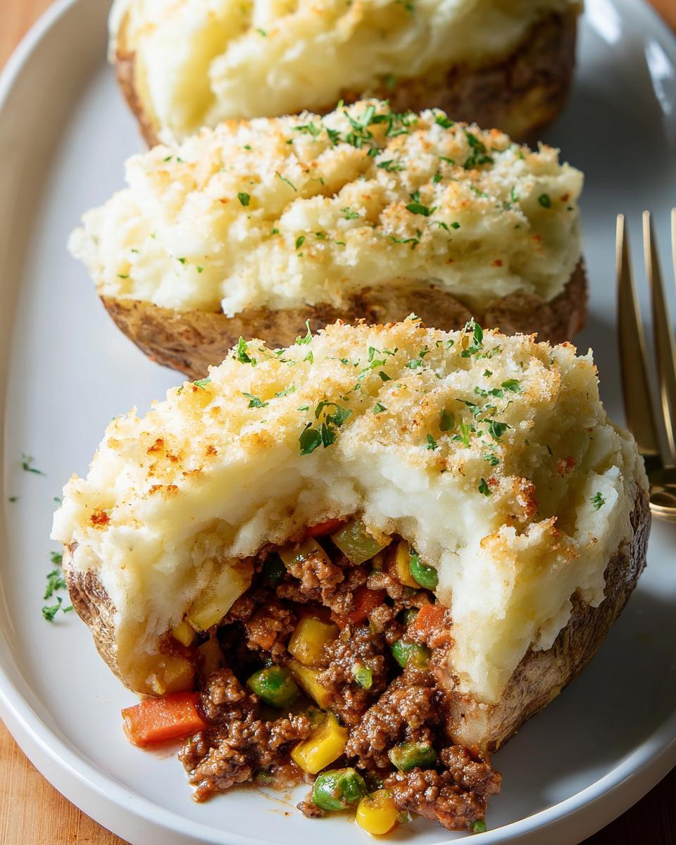 Close-up of stuffed baked potatoes, a comforting dinner recipe, filled with ground meat and mixed vegetables, topped with mashed potatoes and breadcrumbs.