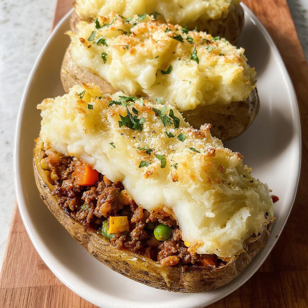 Close-up of baked potatoes stuffed with savory ground meat and vegetables, topped with mashed potatoes and herbs. A perfect example of comforting dinner recipes.