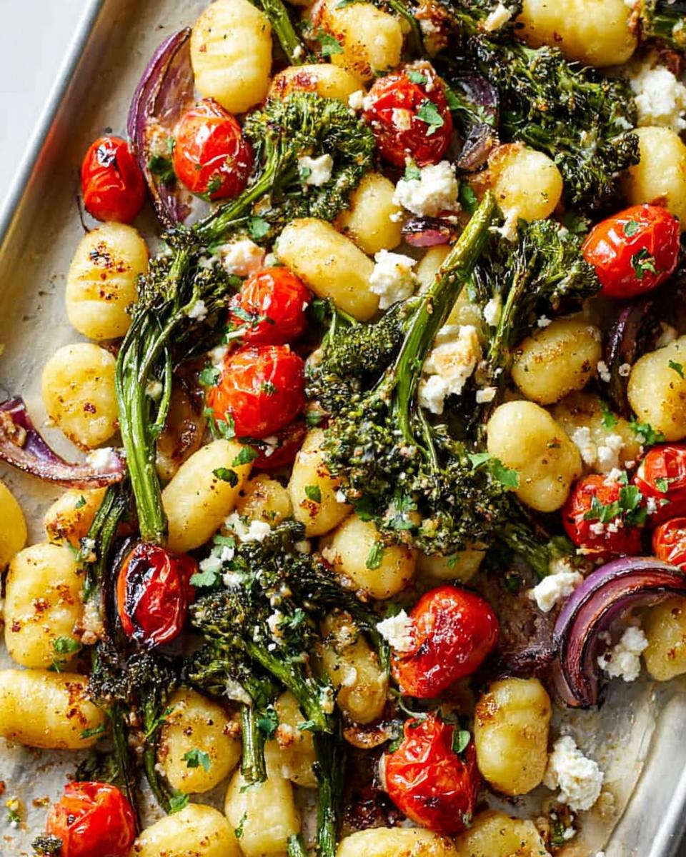 Close-up of a sheet pan filled with comforting gnocchi, roasted cherry tomatoes, broccolini, red onion, and feta cheese.
