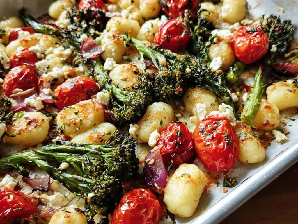 Close-up of comforting gnocchi with roasted cherry tomatoes, broccolini, red onion, and feta cheese.