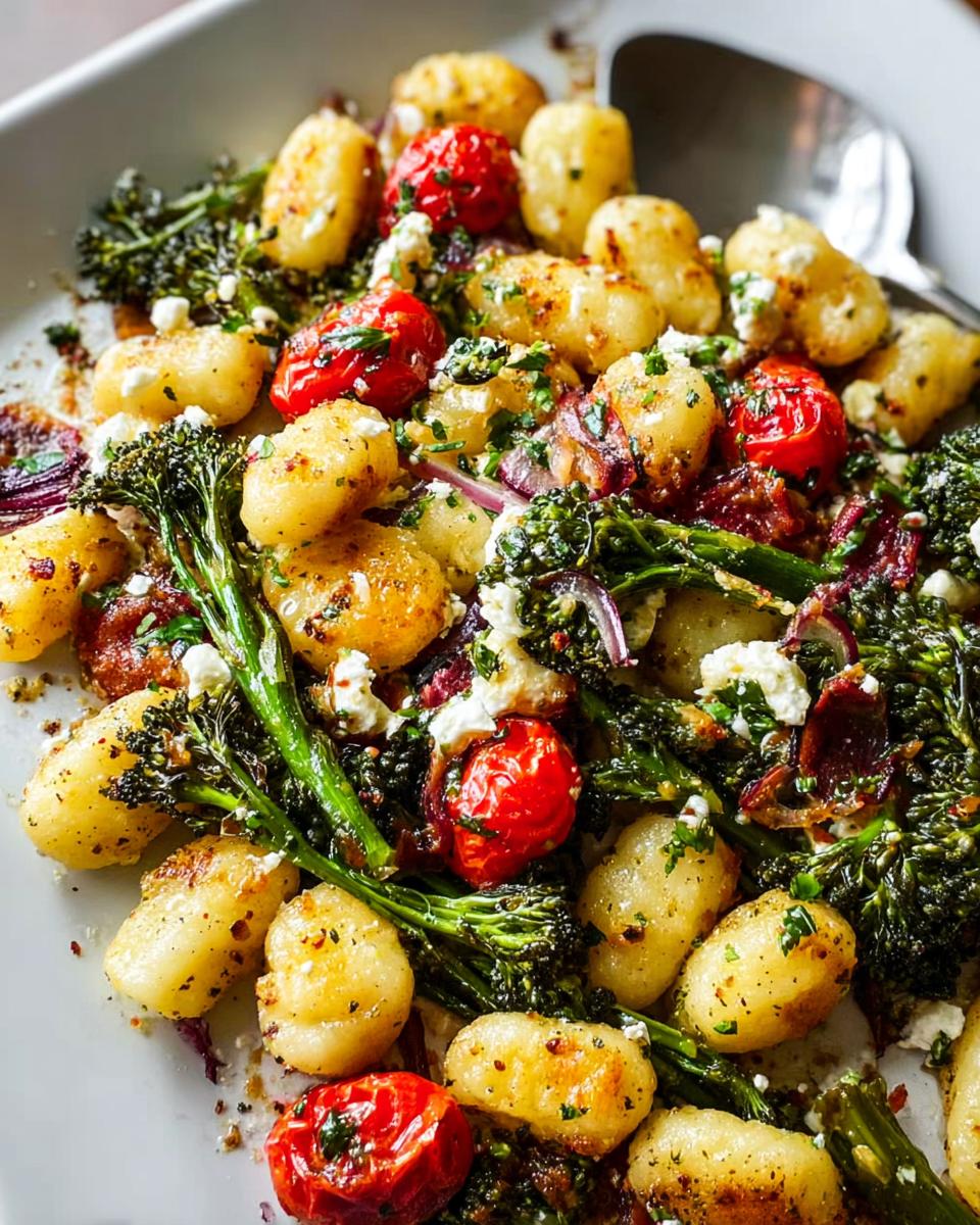 A close-up of comforting gnocchi pasta with roasted cherry tomatoes, broccolini, red onion, and feta cheese.
