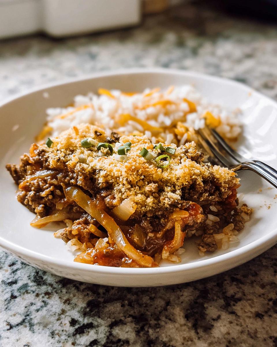 A serving of comforting ground beef casserole with onions and a breadcrumb topping, served with rice.