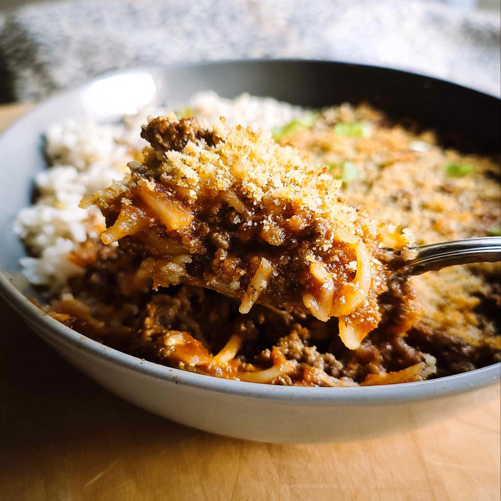 A spoonful of comforting ground beef casserole with noodles and a breadcrumb topping, served over rice.