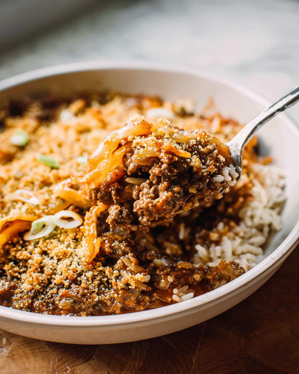 A spoonful of a comforting ground beef and rice casserole, topped with onions and breadcrumbs.