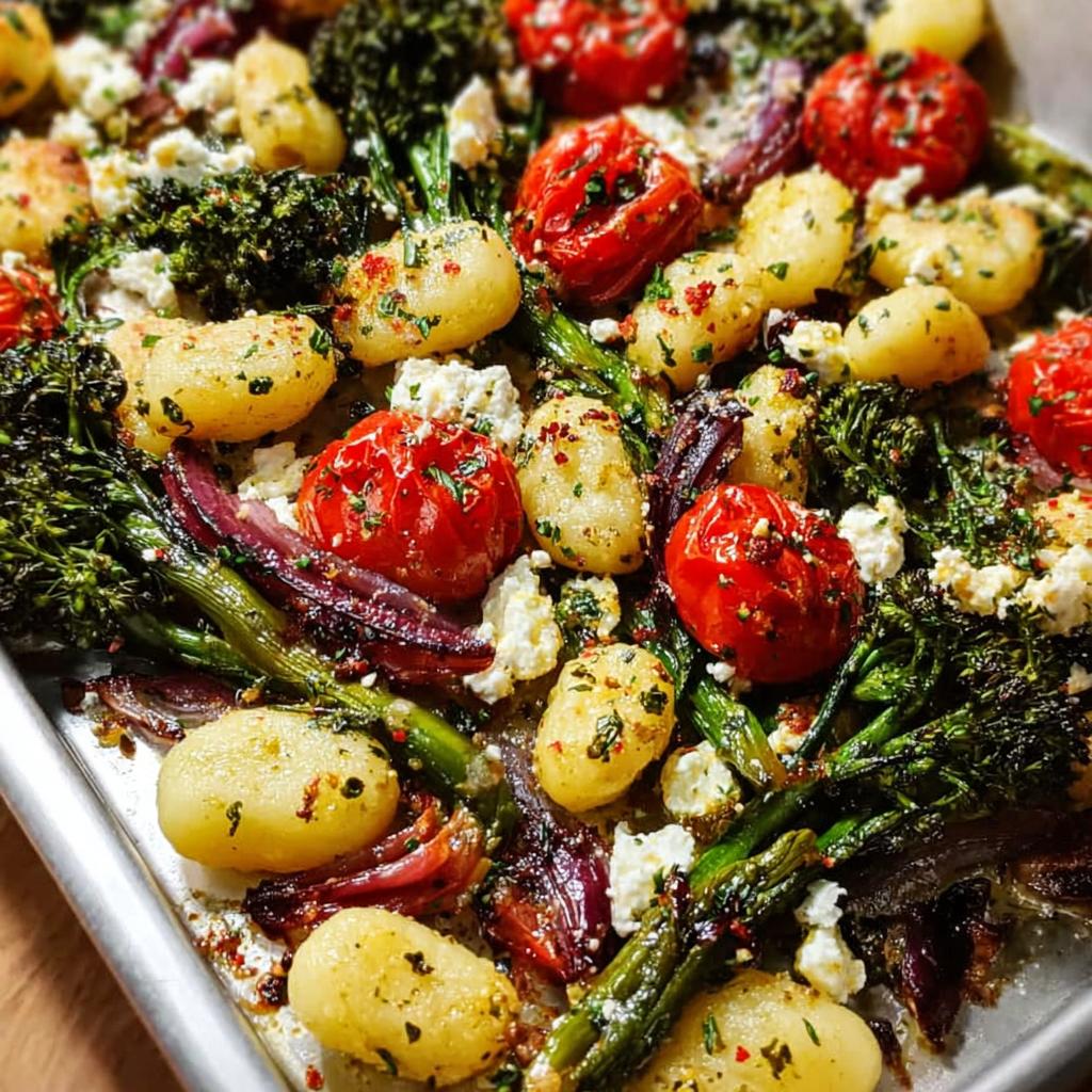 Close-up of a comforting pasta recipe featuring roasted gnocchi, cherry tomatoes, broccolini, red onion, and crumbled feta cheese.
