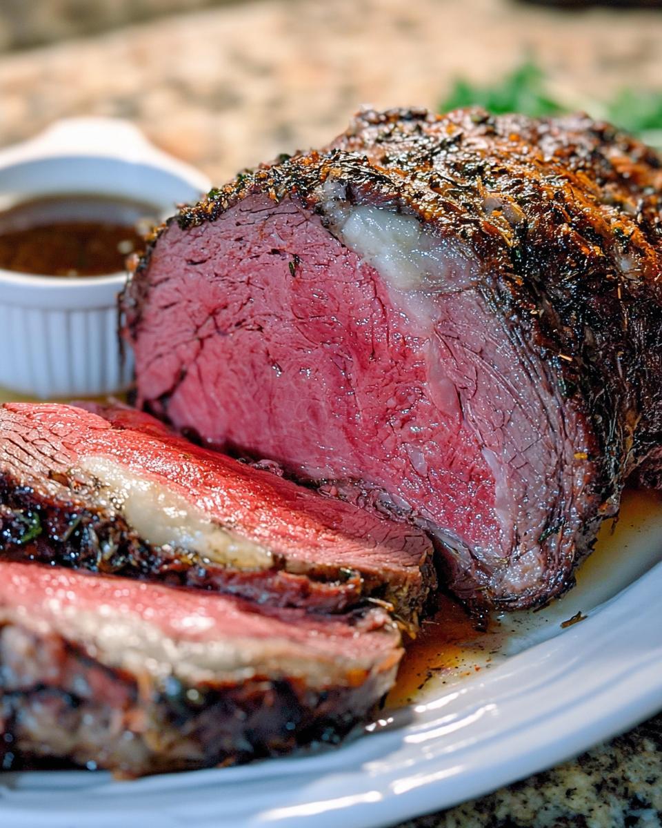 A perfectly cooked, juicy Comforting Prime Rib roast, sliced to reveal a tender pink interior, served with au jus.