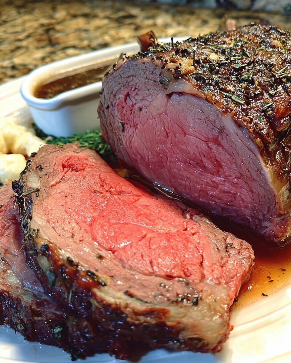 A close-up of a perfectly cooked, juicy Comforting Prime Rib roast, sliced and served with au jus.