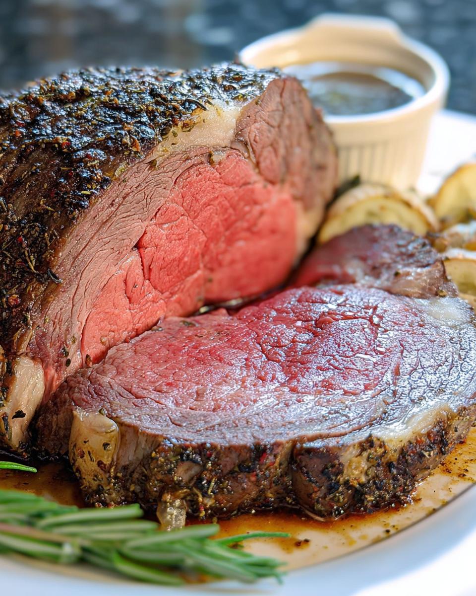 A perfectly cooked, juicy Comforting Prime Rib roast, sliced to reveal its tender pink interior, served with roasted potatoes and au jus.