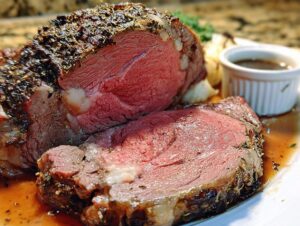A perfectly cooked slice of Comforting Prime Rib roast, glistening with juices and herb crust, served with au jus.