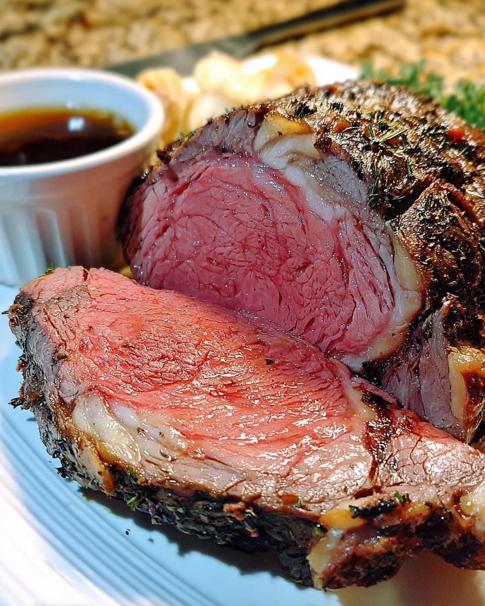 A perfectly cooked slice of comforting prime rib, showing its juicy pink interior and herb-crusted exterior, served with au jus.