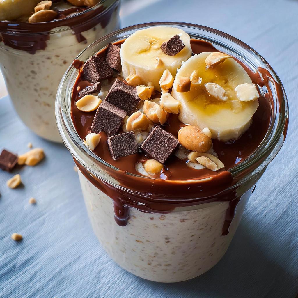 Overnight oats with banana slices, chocolate chunks, peanuts, and chocolate drizzle, perfect for cozy breakfast ideas.