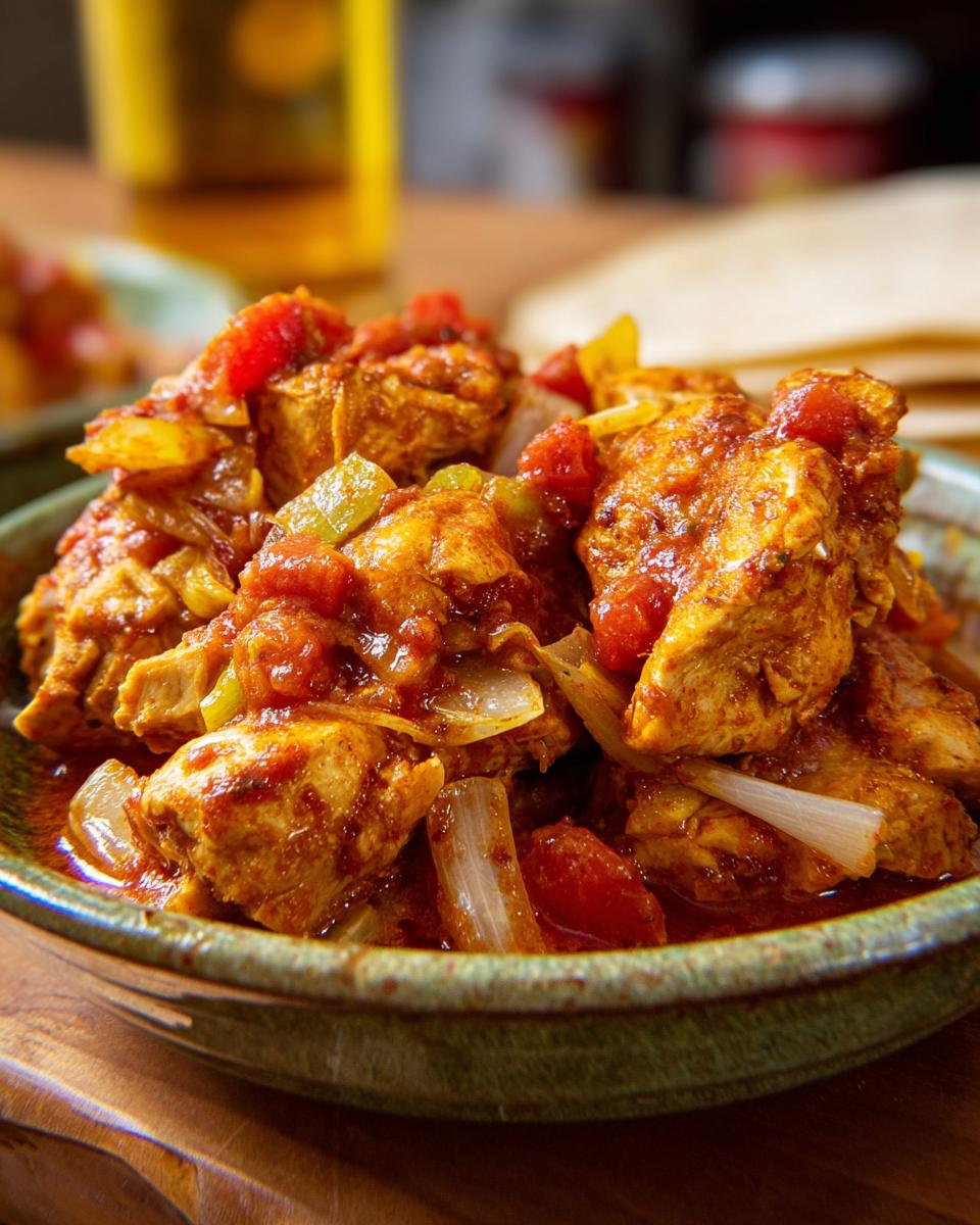 A close-up of a bowl filled with tender chicken pieces simmered in a rich tomato and onion sauce, perfect for cozy chicken for cold evenings.