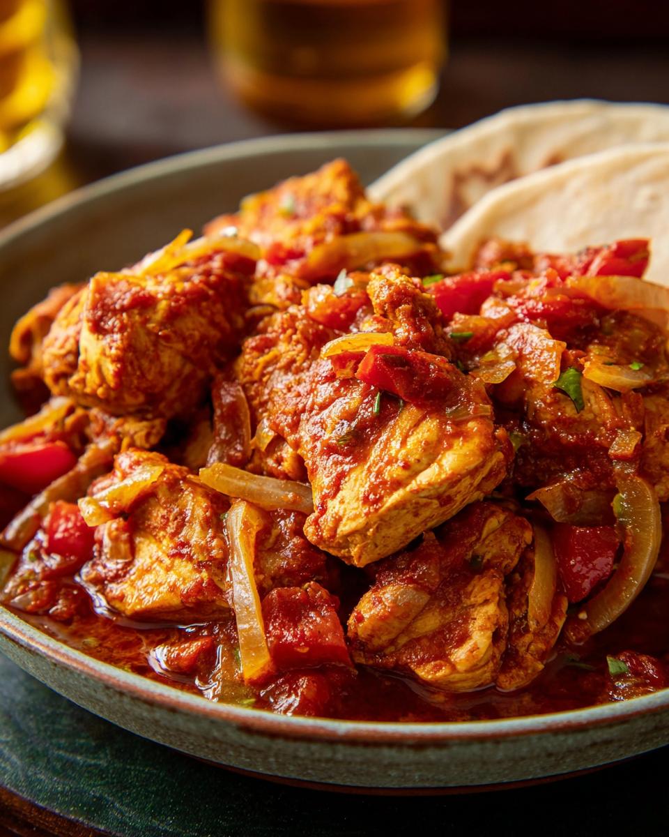 A close-up of a hearty chicken dish, perfect for cozy chicken for cold evenings, served in a bowl with flatbread.