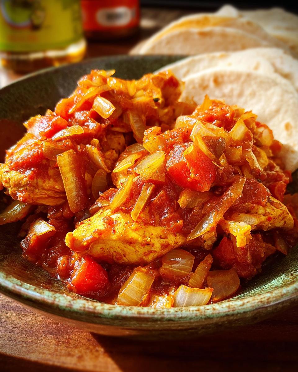 A close-up of a hearty chicken stew with chunks of chicken, tomatoes, and onions, served with flatbread for Cozy Chicken For Cold Evenings.