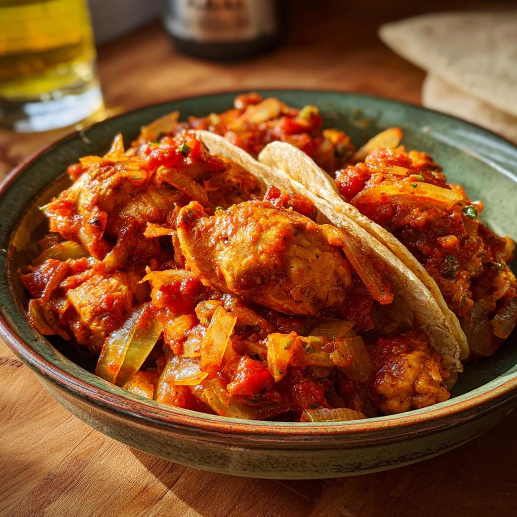 Close-up of Cozy Chicken For Cold Evenings served in soft tacos with a rich tomato and onion sauce.