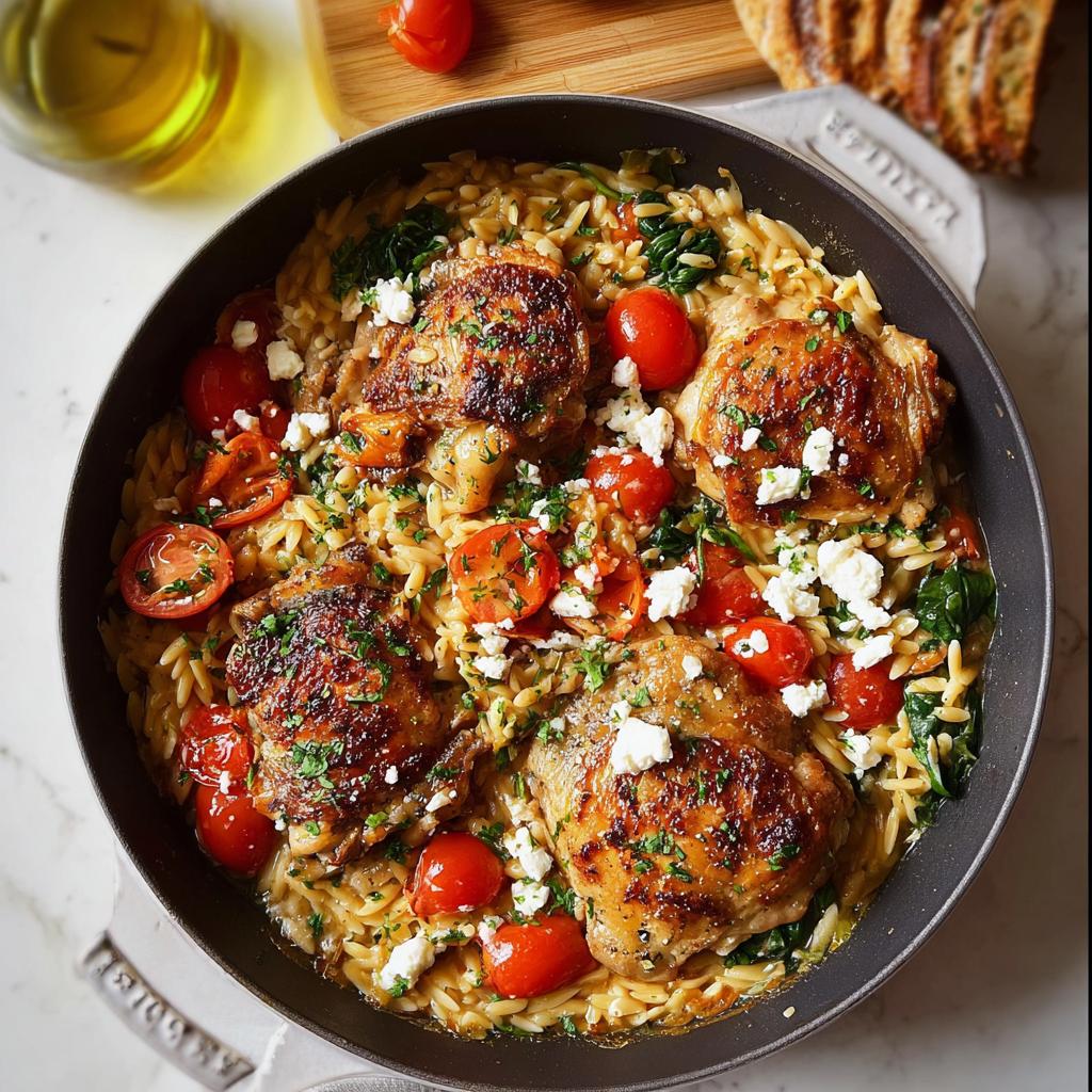 A skillet filled with cozy chicken thigh recipe, orzo pasta, cherry tomatoes, spinach, and feta cheese.